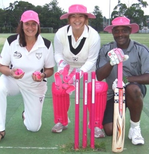 Pictured here showing off our pink gear and promoting the cause are (L-R) Moonee Valley players Victoria Thorneycroft, Tien Polonidis and Vic Hodge.